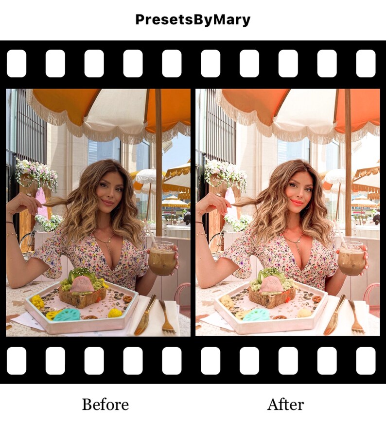 May include: Before and after photo of a woman sitting at a table with a plate of food and a glass of iced coffee. The photo on the left shows the original image, while the photo on the right shows the image after a filter has been applied. The filter makes the image brighter and more vibrant.