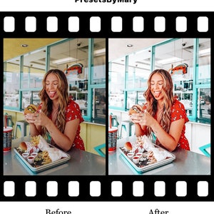 May include: Before and after photo showing the difference between a photo with and without a preset filter applied. The photo shows a person eating a burger in a diner setting. The photo on the left is the original photo, and the photo on the right is the photo with the preset filter applied.