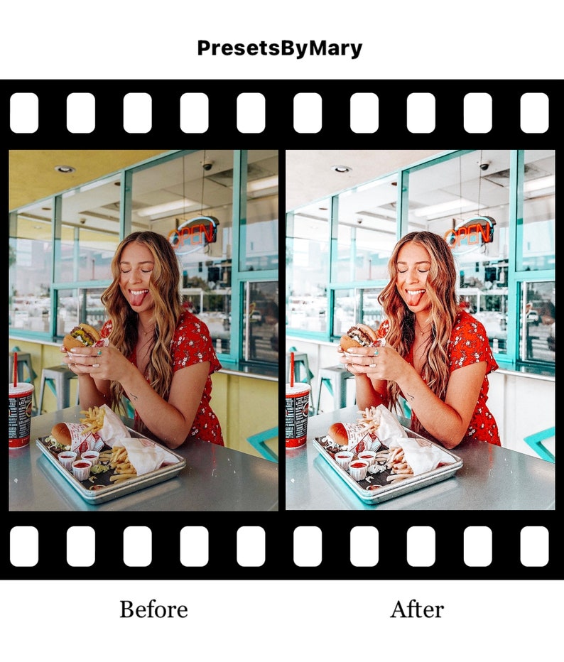 May include: Before and after photo showing the difference between a photo with and without a preset filter applied. The photo shows a person eating a burger in a diner setting. The photo on the left is the original photo, and the photo on the right is the photo with the preset filter applied.