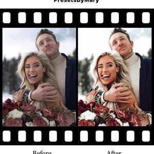 May include: A couple poses for a photo in a snowy outdoor setting. The woman is wearing a white dress and the man is wearing a white turtleneck sweater. They are both smiling and the woman is sticking her tongue out. The photo is split into two sections, showing the image before and after editing with a photo filter.