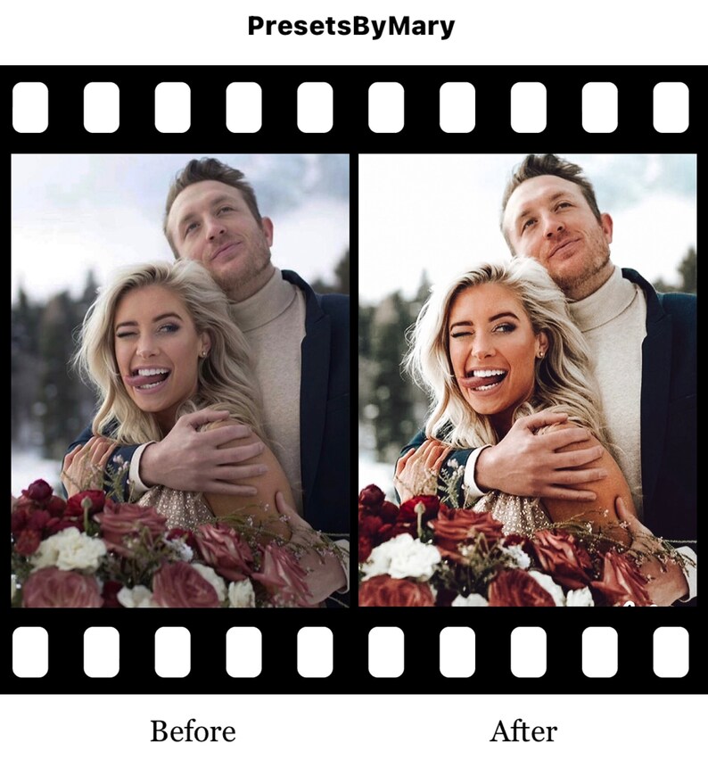 May include: A couple poses for a photo in a snowy outdoor setting. The woman is wearing a white dress and the man is wearing a white turtleneck sweater. They are both smiling and the woman is sticking her tongue out. The photo is split into two sections, showing the image before and after editing with a photo filter.