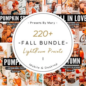 May include: A collage of images featuring fall-themed photos, with a large circle in the center that says "220+ Fall Bundle - Lightroom Presets | Mobile & Desktop". The images include pumpkins, leaves, and people enjoying the fall season.
