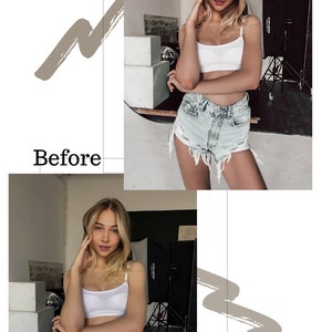 May include: A before and after photo of a person wearing a white tank top and light blue denim shorts. The photo on the left shows the original image, while the photo on the right shows the edited image.