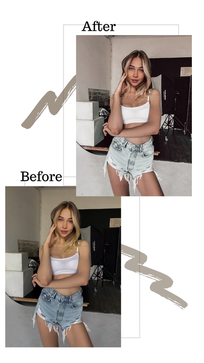 May include: A before and after photo of a person wearing a white tank top and light blue denim shorts. The photo on the left shows the original image, while the photo on the right shows the edited image.