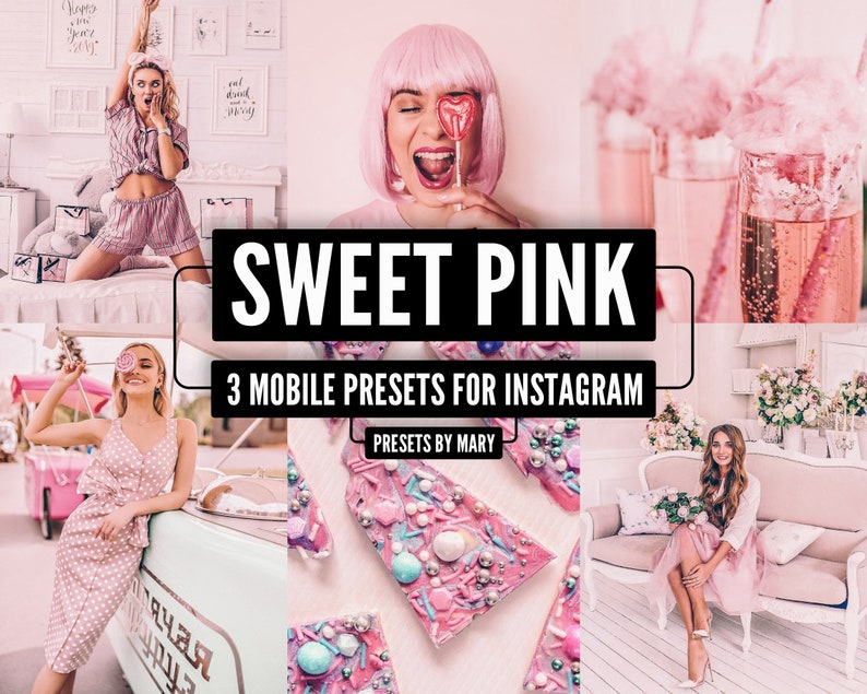 May include: A set of three mobile Instagram presets called "Sweet Pink" with a pink and white color scheme. The presets are designed to give photos a soft, dreamy look.