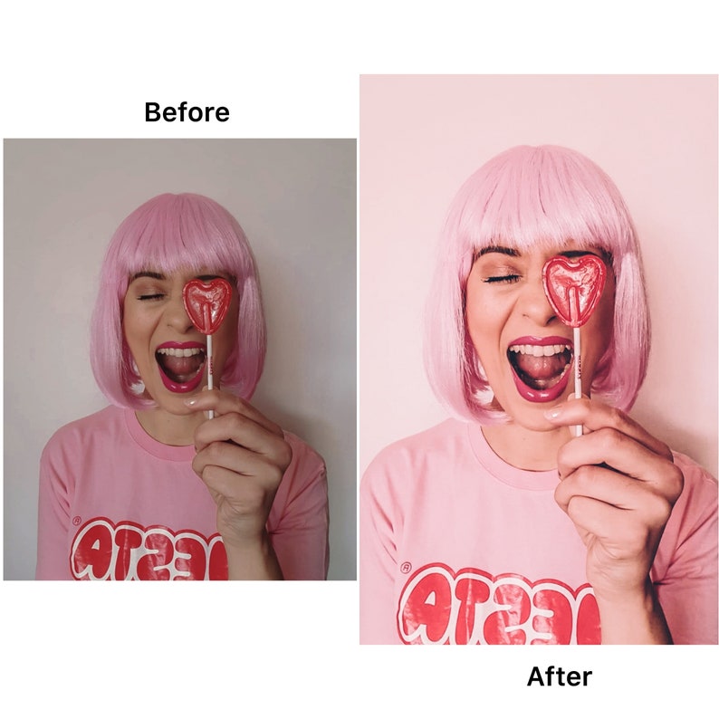 May include: A woman with pink hair is holding a red heart-shaped lollipop in front of her eye. She is wearing a pink shirt with the word "crazy" printed on it.