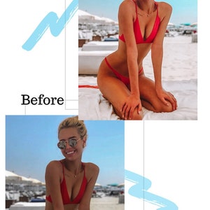 May include: A woman in a red bikini and sunglasses kneels on a white towel on a beach. The image is split, with the word "After" above the top image and "Before" above the bottom image. The sky is blue.