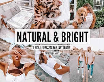 May include: A collage of images showcasing a set of 5 mobile presets for Instagram called "Natural & Bright" by Mary. The presets are designed to enhance photos with a natural and bright aesthetic.