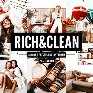 May include: A collage of images featuring a variety of scenes, including a woman in a white dress, a couple standing in front of hot air balloons, and a group of macarons on a wooden tray. The text "RICH & CLEAN" is displayed in large, bold letters, along with the phrase "6 Mobile Presets for Instagram" and "Presents by Mary".