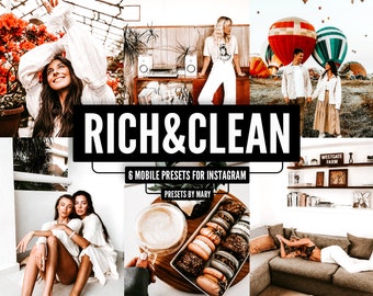 May include: A collage of images featuring a variety of scenes, including a woman in a white dress, a couple standing in front of hot air balloons, and a group of macarons on a wooden tray. The text "RICH & CLEAN" is displayed in large, bold letters, along with the phrase "6 Mobile Presets for Instagram" and "Presents by Mary".