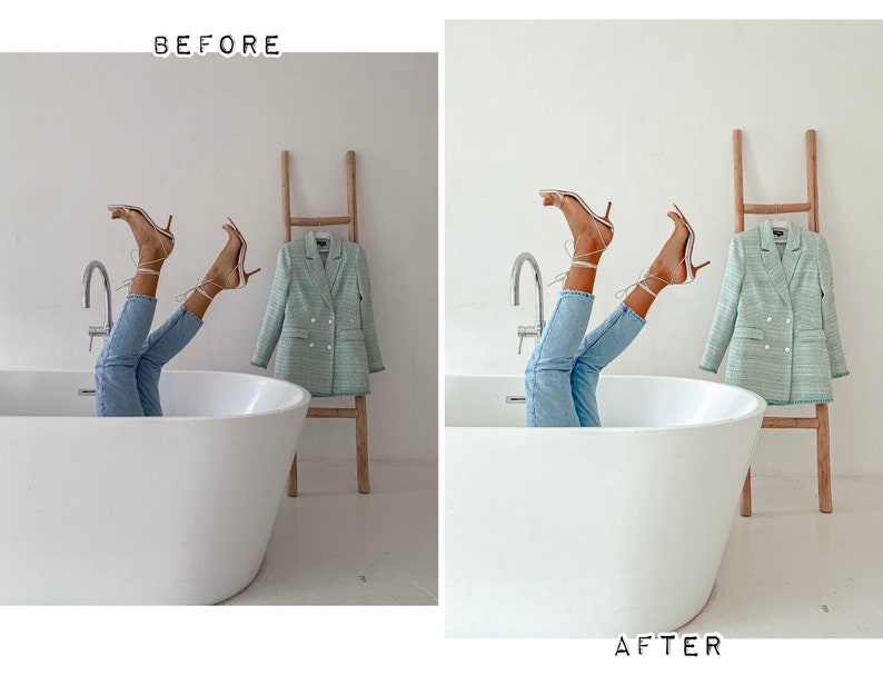 May include: A white bathtub with a person's legs and feet sticking out of it. The person is wearing light blue jeans and white heeled sandals. A green blazer is hanging on a wooden ladder behind the bathtub.