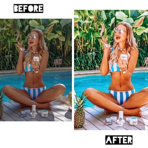 May include: A woman wearing a blue and white striped bikini sits by a pool with a pineapple and various skincare products. The image is split into two sections, "Before" and "After", showing the effects of the products.