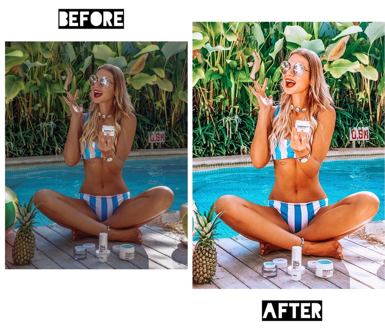May include: A woman wearing a blue and white striped bikini sits by a pool with a pineapple and various skincare products. The image is split into two sections, "Before" and "After", showing the effects of the products.