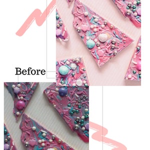 May include: Pink chocolate bark with sprinkles, white chocolate chips, and colorful candy. The bark is broken into pieces and arranged on a white surface.