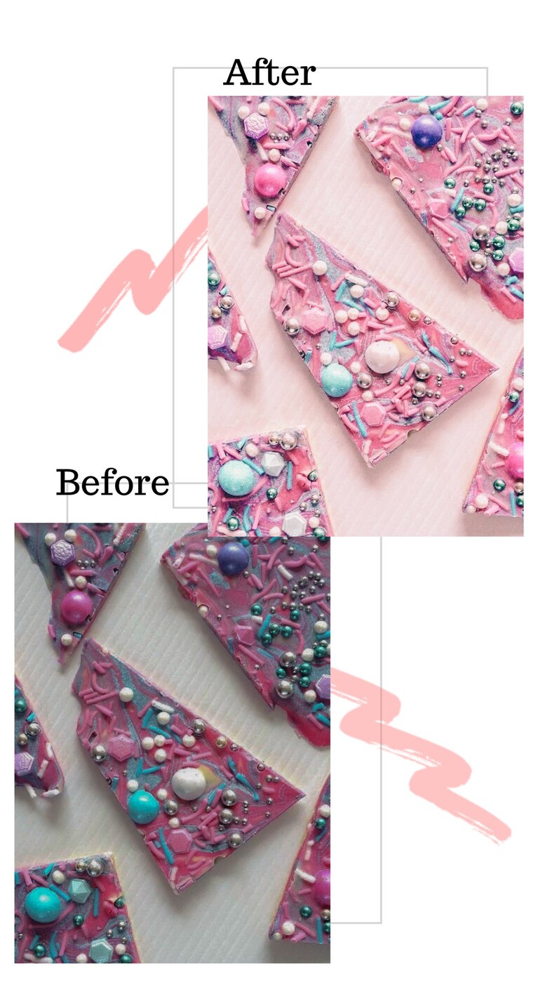 May include: Pink chocolate bark with sprinkles, white chocolate chips, and colorful candy. The bark is broken into pieces and arranged on a white surface.