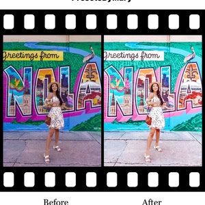 May include: A woman in a white floral dress and straw hat stands in front of a colorful mural that says "Greetings from NOLA".