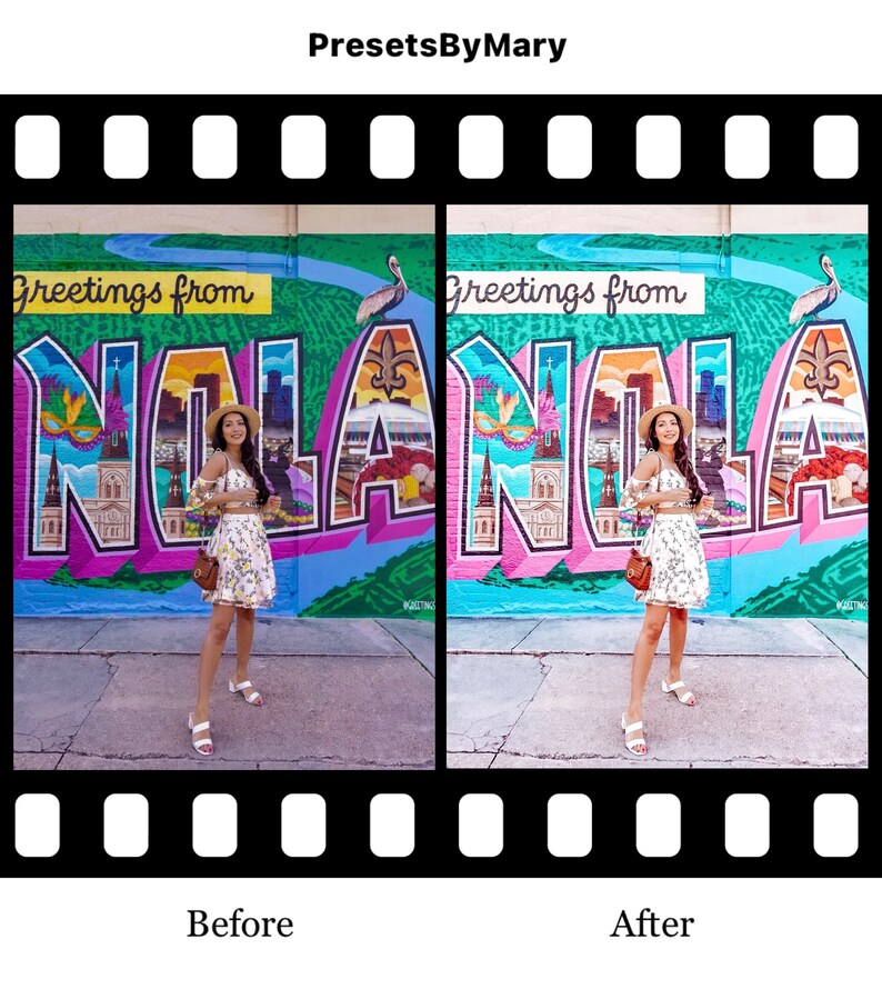 May include: A woman in a white floral dress and straw hat stands in front of a colorful mural that says "Greetings from NOLA".