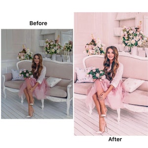May include: A woman in a white shirt and pink tulle skirt sits on a white sofa with a bouquet of pink roses. The sofa is in a room with white walls and pink accents.