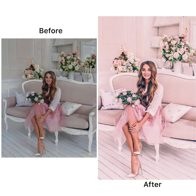May include: A woman in a white shirt and pink tulle skirt sits on a white sofa with a bouquet of pink roses. The sofa is in a room with white walls and pink accents.