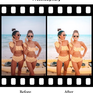 May include: Two people wearing yellow and white polka dot swimsuits with ruffles on the shoulders are holding bananas in front of their mouths. They are standing on a beach with a kayak behind them. The image is split in half, with the left side showing the original image and the right side showing the image after a filter has been applied.