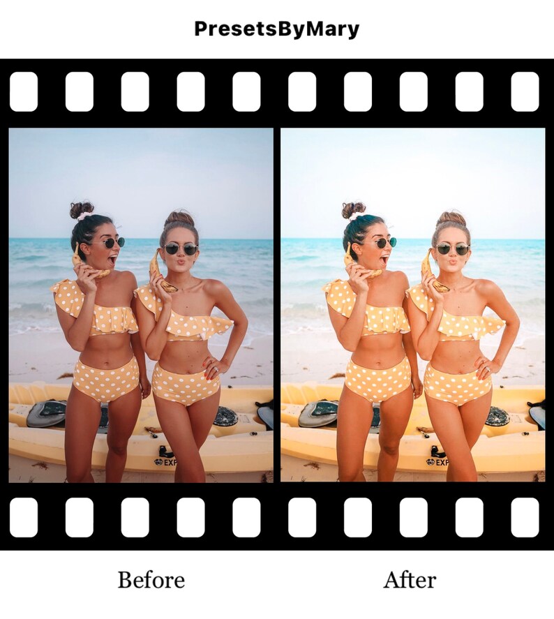 May include: Two people wearing yellow and white polka dot swimsuits with ruffles on the shoulders are holding bananas in front of their mouths. They are standing on a beach with a kayak behind them. The image is split in half, with the left side showing the original image and the right side showing the image after a filter has been applied.