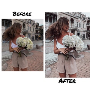 May include: A woman in a white tank top and beige shorts is holding a bouquet of white hydrangeas. She is standing in a city street with buildings in the background. The image is split into two sections, with the left side showing the original image and the right side showing the edited image. The text "BEFORE" is above the left side of the image and the text "AFTER" is below the right side of the image.