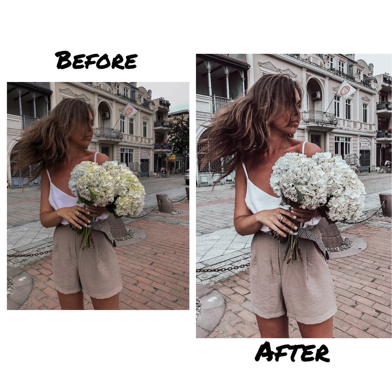May include: A woman in a white tank top and beige shorts is holding a bouquet of white hydrangeas. She is standing in a city street with buildings in the background. The image is split into two sections, with the left side showing the original image and the right side showing the edited image. The text "BEFORE" is above the left side of the image and the text "AFTER" is below the right side of the image.