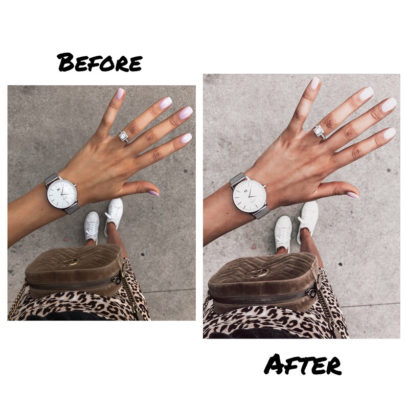 May include: A before and after photo showing the difference in skin tone and color correction. The photo shows a person wearing a white watch, a ring, and a brown purse with a leopard print.