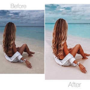 May include: A split image shows a beach scene before and after photo editing. The "Before" image has a darker, more muted color palette. The "After" image has brighter, more vibrant colors, with a turquoise ocean and blue sky.