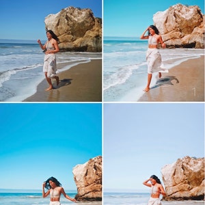 May include: A person wearing a white two-piece outfit, running on a sandy beach with the ocean in the background. The sky is a clear blue, and a large rock formation is visible on the right side of the image. The word "Before" is in the top left corner.