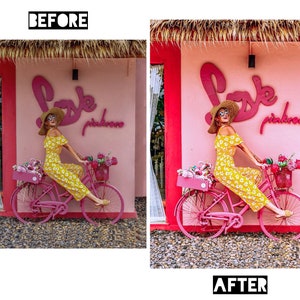 May include: A woman in a yellow floral jumpsuit and a straw hat rides a pink bicycle in front of a pink building with the word "Love Pinkcoco" written on it.