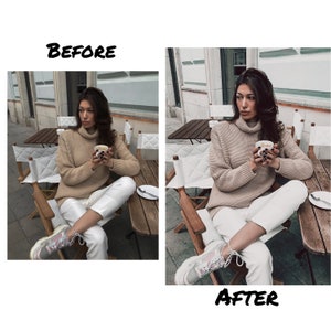 May include: A woman wearing a beige turtleneck sweater and white pants sits on a wooden chair outside a cafe. She is holding a white cup of coffee. The image is labeled "Before" and "After" to show the difference in lighting and color.