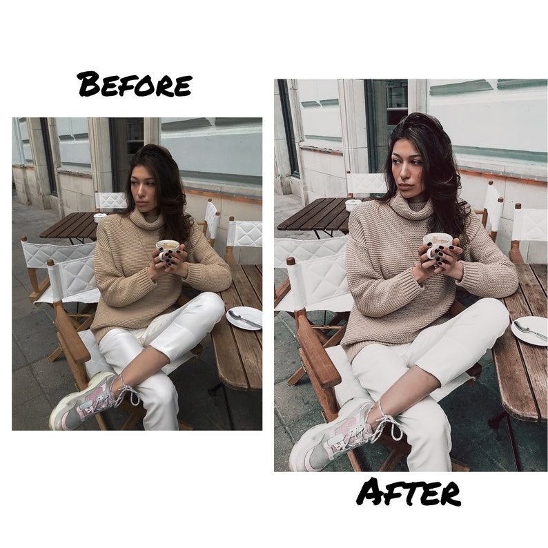 May include: A woman wearing a beige turtleneck sweater and white pants sits on a wooden chair outside a cafe. She is holding a white cup of coffee. The image is labeled "Before" and "After" to show the difference in lighting and color.