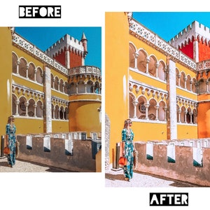 May include: A woman in a blue and white patterned dress stands in front of a yellow building with arched windows and a red tower. The building has a white trim and a white fence in front of it. The sky is blue and there are clouds in the sky. The word "BEFORE" is at the top of the image and the word "AFTER" is at the bottom of the image.