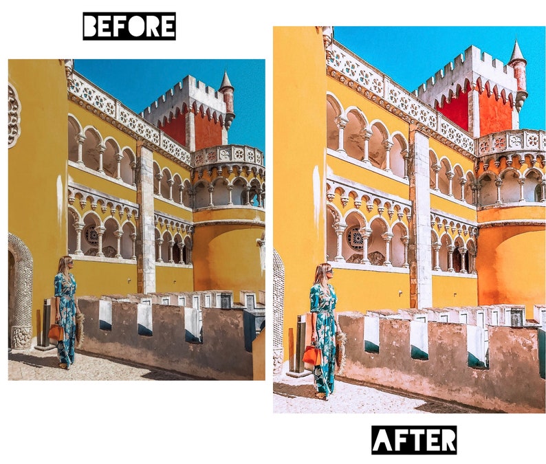 May include: A woman in a blue and white patterned dress stands in front of a yellow building with arched windows and a red tower. The building has a white trim and a white fence in front of it. The sky is blue and there are clouds in the sky. The word "BEFORE" is at the top of the image and the word "AFTER" is at the bottom of the image.