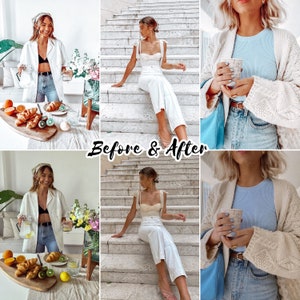 May include: A before and after photo collage showcasing a woman wearing a white cardigan over a blue tank top and jeans. The photo on the left shows the woman with a more natural look, while the photo on the right shows the woman with a more polished look. The photo in the middle shows the woman sitting on a set of stairs wearing a white top and white pants.