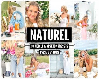 May include: A collage of images featuring women in various settings, showcasing a collection of 10 mobile and desktop presets called "NATUREL" by Mary.