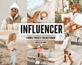 May include: A collage of images featuring people wearing stylish clothing and accessories. The text "INFLUENCER" is displayed in bold, black letters. Below the text, it reads "5 MOBILE PRESETS FOR INSTAGRAM" and "PRESETS BY MARY".