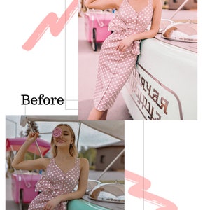 May include: A woman in a pink polka dot dress with a white bow leans against a teal ice cream cart. She is holding a pink lollipop in front of her eye.