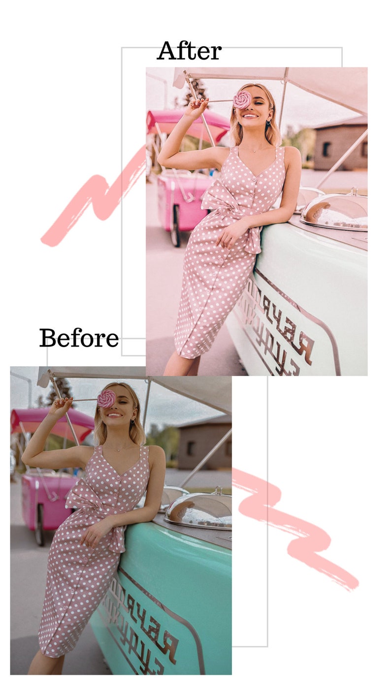 May include: A woman in a pink polka dot dress with a white bow leans against a teal ice cream cart. She is holding a pink lollipop in front of her eye.