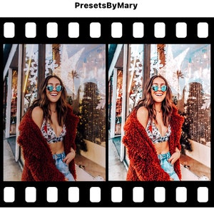May include: Before and after photo of a woman wearing a brown fuzzy jacket, a white and black patterned bra, blue jeans, and sunglasses. The photo shows the effect of a photo filter.