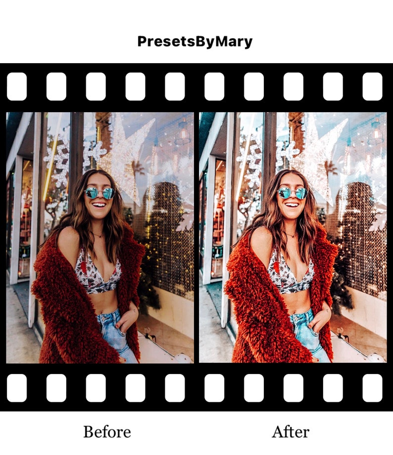 May include: Before and after photo of a woman wearing a brown fuzzy jacket, a white and black patterned bra, blue jeans, and sunglasses. The photo shows the effect of a photo filter.