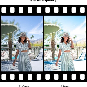 May include: Before and after photo showing the difference a photo filter can make. The photo on the left shows a person wearing a striped shirt and hat standing in front of a pool. The photo on the right shows the same person with a warmer, more vibrant color palette.