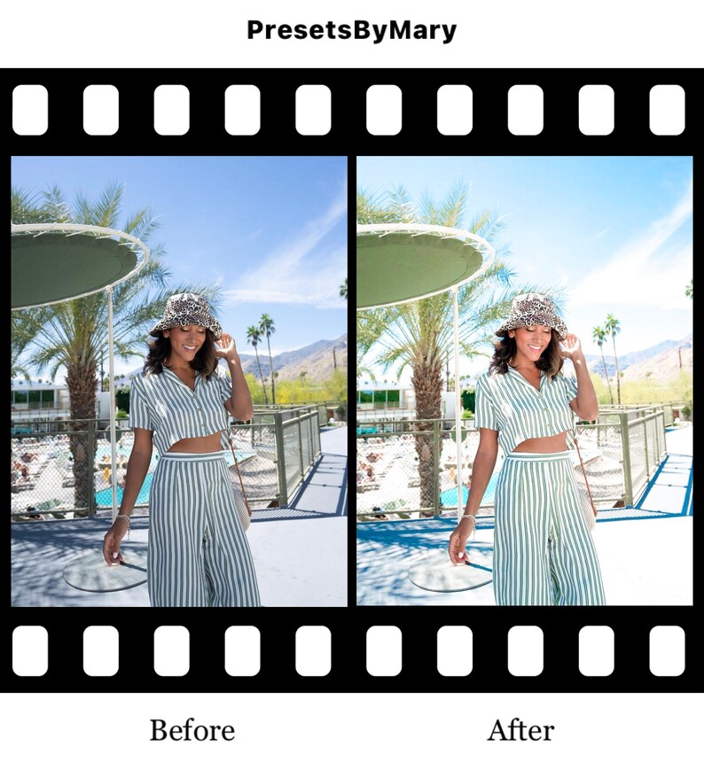 May include: Before and after photo showing the difference a photo filter can make. The photo on the left shows a person wearing a striped shirt and hat standing in front of a pool. The photo on the right shows the same person with a warmer, more vibrant color palette.