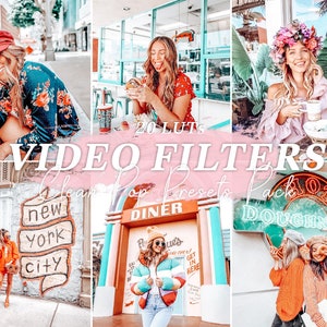May include: A collage of images featuring a woman wearing a floral print top, a woman wearing a red top, a woman wearing a pink top with a flower crown, a woman wearing a red top, a woman wearing a colorful puffer jacket, and two women wearing orange and striped tops. The images are set against a backdrop of a diner, a city street, and a donut shop. The text "20 LUTS VIDEO FILTERS Clean Pop Presets Pack" is superimposed on the images.