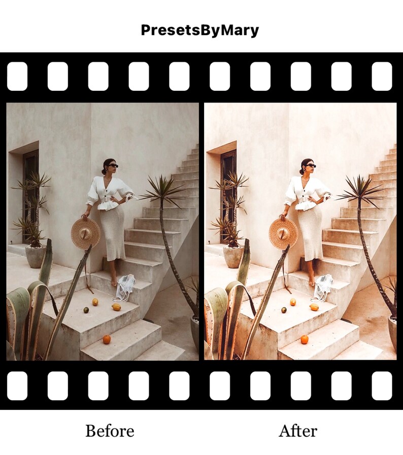K&ouml;nnte beinhalten: Vorher-Nachher-Foto einer Frau in einem wei&szlig;en Kleid und einem Strohhut, die auf einer Treppe in einem wei&szlig;en Geb&auml;ude steht. Das Foto links ist das Vorher-Foto und das Foto rechts ist das Nachher-Foto. Das Nachher-Foto wurde bearbeitet, um einen w&auml;rmeren Ton und lebendigere Farben zu erhalten.