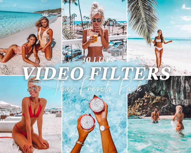 May include: A collage of images featuring people on a beach, with text that reads "10 LUTS VIDEO FILTERS Thai Presets Pack." The images show people in swimwear, tropical fruit, and clear blue water.