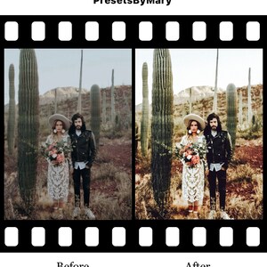 May include: A couple poses in front of a desert landscape with tall cacti. The woman is wearing a white lace dress and a wide-brimmed hat. The man is wearing a black leather jacket and jeans. The image shows the difference between a before and after photo edit.