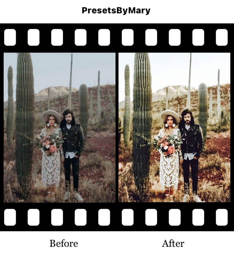 May include: A couple poses in front of a desert landscape with tall cacti. The woman is wearing a white lace dress and a wide-brimmed hat. The man is wearing a black leather jacket and jeans. The image shows the difference between a before and after photo edit.