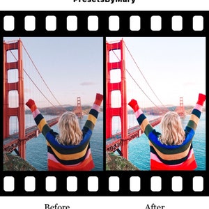 May include: Before and after photo of a person standing on a hill with the Golden Gate Bridge in the background. The person is wearing a colorful striped sweater and has their arms raised in the air. The photo on the left is the before photo and the photo on the right is the after photo. The after photo has been edited to have a more vibrant color palette.